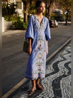 Farm Rio Blue Embroidered Boho Midi Dress